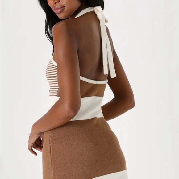 Lulu's Cream and Brown Halter Midi Dress - Picture 2 of 5